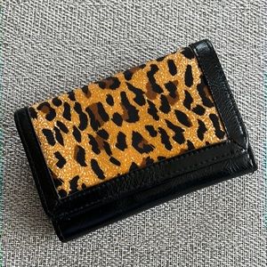 Black Leather and Cheetah Print Trifold Wallet
